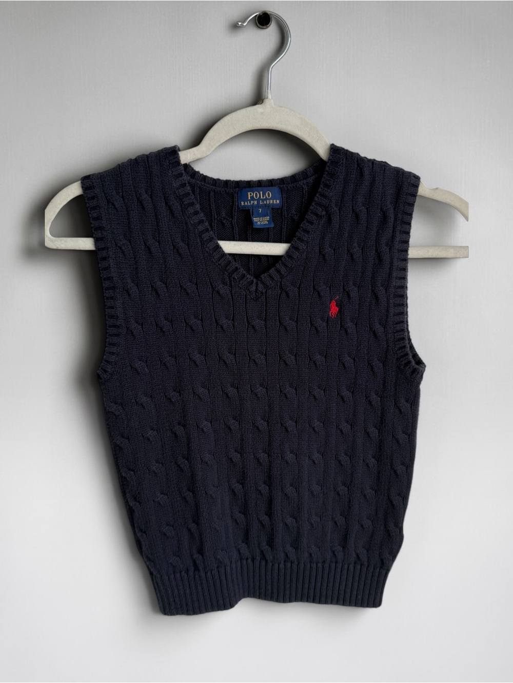 Polo by Ralph Lauren Navy Cable-Knit V-Neck Sweater Vest with Red Pony